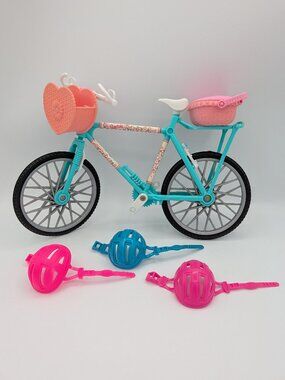 Vintage 1996 Barbie Teal Blue Bicycle Bike Pink Heart Baskets 3 Helmets Logo